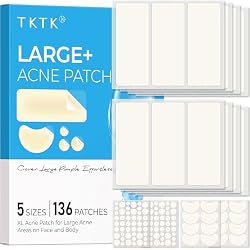 TKTK Large Pimple Patches for Face, 68 x 27 mm XL Hydrocolloid Bandages, Big Acne Patches for Body, Forehead, Chin, Nose, Chest and Back Blemish Zit Breakouts (Strip, Contoured, Dot 5 Sizes 136 Count)