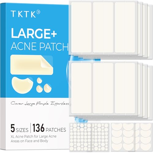 TKTK Large Pimple Patches for Face 68 x 27 mm XL Hydrocolloid Bandages Big Acne Patches for Body Forehead Chin Nose Chest and Back Blemish Zit Breakouts (Strip Contoured Dot 5 Sizes 136 Count)