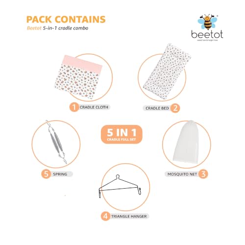 Image of Premium Cradle Set | Cradle Cloth, Padded Bed, Mosquito Net, Heavy-Duty Spring & Triangle Hanger | Hanging Set - Emily Peach