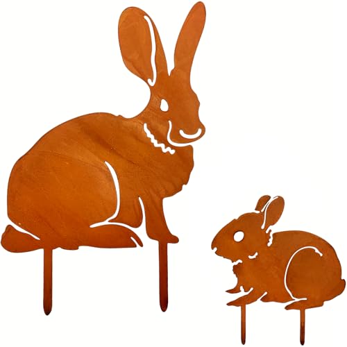 Décoration de Pâques en Métal Rouillé pour Jardin Extérieur - Duo de Lapins, Grand et Petit