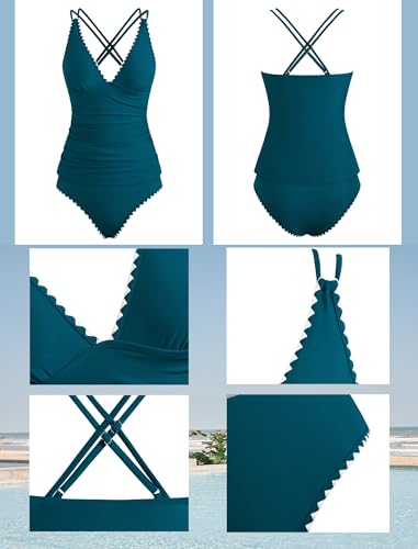 Image of ZAFUL Womens Tankini Swimsuits V Neck Push Up Swim Top Color Block Tummy Control High Waisted Bathing Suits Swim Bottom