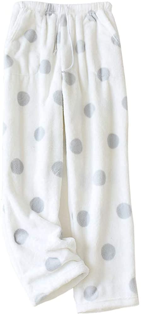 Womens Fluffy Pajama Pants Plush Warm Fleece Lounge Pants Sleepwear Winter Bottoms with Pockets (White Polka Dot,XXL)