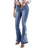 Womens Flared Bell Bottom Jeans for Women Stretch Floral Embroidered Jean Wide Leg Denim Pants Size...