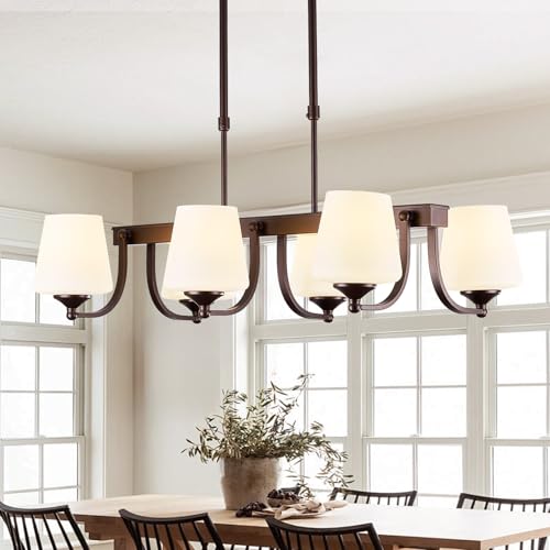 Image of Dining Room Light Fixture Chandelier Over Table,6 Light Kitchen Island Lighting Hanging for Farmhouse Linear Chandeliers Oil Rubbed Bronze Rustic Ceiling Pendant Light with Frosted Glass Shade