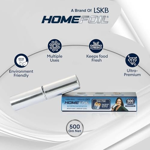 Image of HOMEFOIL 2-in-1 Paper & Silver Converted Aluminium Foil (500 Grams Net) for Packing | Keeps Food Fresh | Ideal for Wrapping, Storing and Serving | 33.06 Meter Net Guaranteed Length