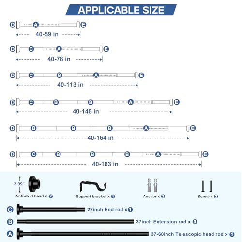Image of Extra Long Tension Rod 40-183inch Black Shower Curtain Rods no Drilling Adjustable Curtain Rod for Windows,Shower,Patio,Doorway,Heavy Duty Spring Rods Diameter 1.26inch