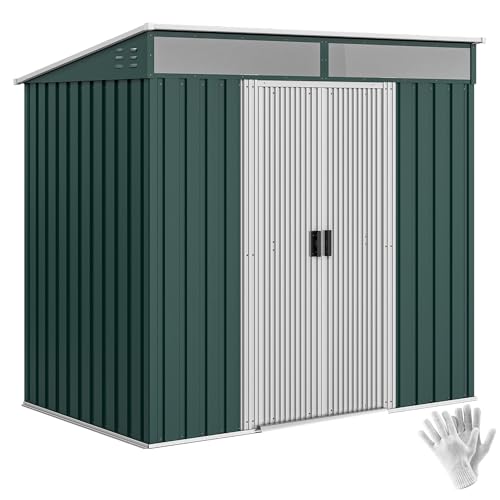 Outsunny Cobertizo de Jardín Exterior, 2 m² 195x122x181,5 cm, Caseta de Jardín Exterior Metálica con Base SIN SUELO, 2 Puertas Correderas, Ventanas y Ganchos para Almacenamiento de Herramientas, Verde