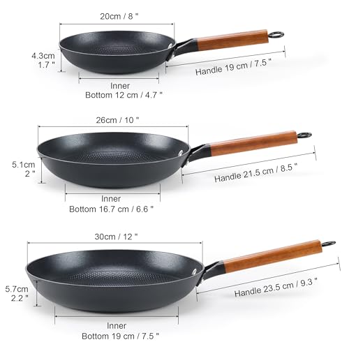 DM Cast Iron 8/10/12 Inch Nonstick Skillets, 3 Piece Frying Pan Set with Detachable Acacia Wooden Handle, Honeycomb Non Stick Omelet Egg Pan, Induction Cookware Easy Clean Oven Safe Pans for Cooking by DM - Used condition - Image 2