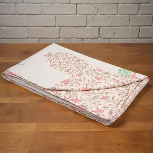 Image of HUESLAND 100% Cotton Reversible Dohar Single Bed Cotton | Soft Cambric Weave, Lightweight AC Blanket for Summer & All Weather Use | 56 x 89 inches, Botanical Fusion - Ivory, Brown & Pink