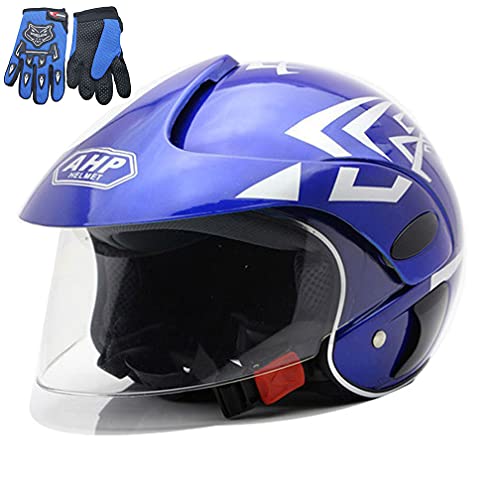 RJHY Casque de Moto pour Enfants, Kids Bike Half Casque, Casque de Moto et Gants de Moto pour Enfants, garçons et Filles, Convient à 3-8 Ans,Bleu