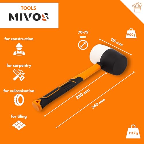 MIVOS Młotek gumowy 900g (32OZ) - Ø 70mm - Biały Czarny - Młotek ochronny z antypoślizgowym uchwytem z włókna szklanego - Młotek montażowy z podwójną głowicą - Młotek do kostki brukowej z miękkimi
