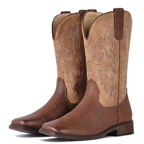 Image of Cowboy Boots For Women Square Toe Cowgirl Wide Mid Calf Western Boots | Comfortable, Pull-on, Colorful Embroidered, Vintage-modern, Stylish for Daily Life and Outdoor Adventures.