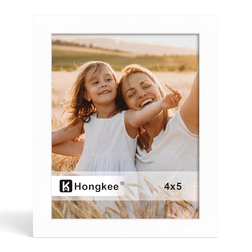 Hongkee 4x5 Picture Frame Made of Solid Wood With Real Glass Frame Horizontal and Vertical Display for Wall or Tabletop (White 1 Pack)