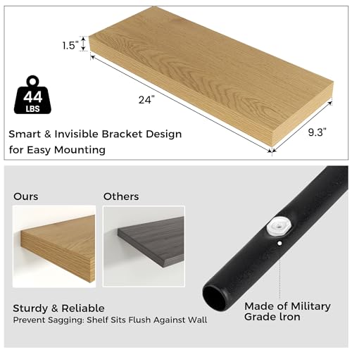 Image of 24 Inch Floating Shelves for Wall, 9 inchD Wood Storage Shelves, Oak Finish | Engineered Wood, Invisible Bracket, Large Storage, Easy Install, Hold Up to 44lbs, Living Room, Bathroom, Bedroom, Kitchen