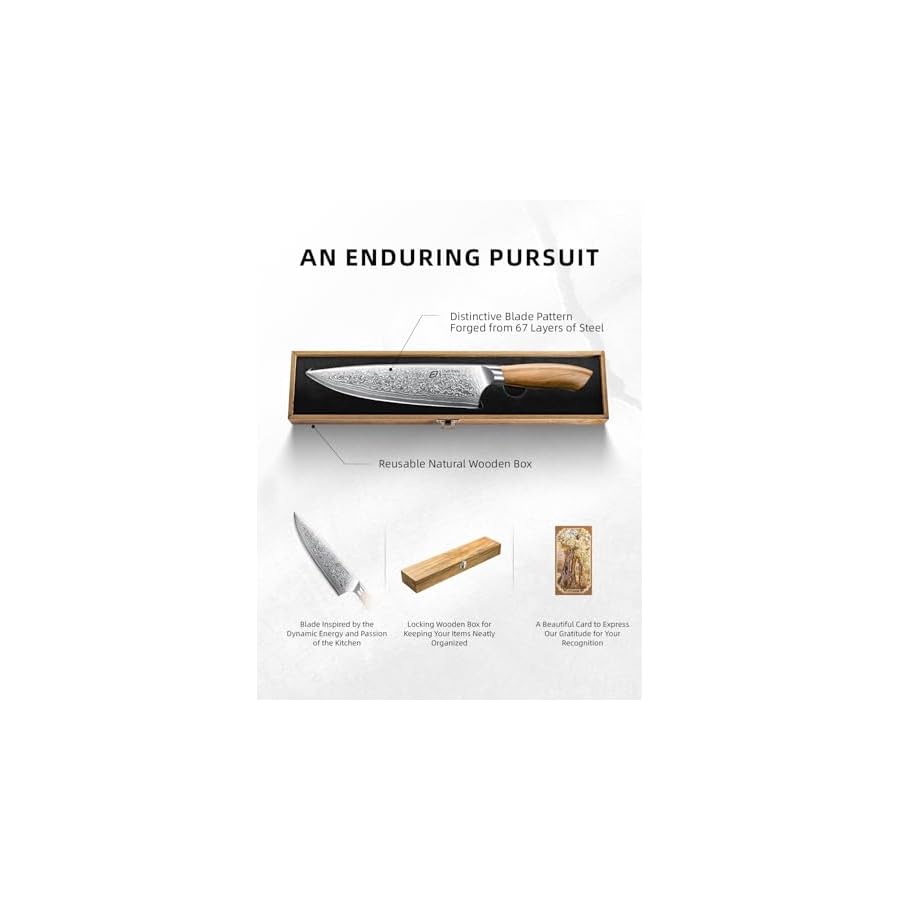 Emojoy Chef Knife 8-inch All Purpose, Japannese Steel, 67-Layers Damascus Knife with Original Olive Wood Handle, Include Wooden Gift Box