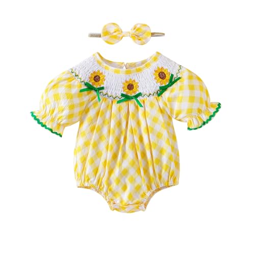 Image of FOCICI Baby Girl Clothes Smocked Romper Newborn Plaid Short Sleeve Bubble Bodysuit + Bow Headband Summer Outfits 0-18 Months