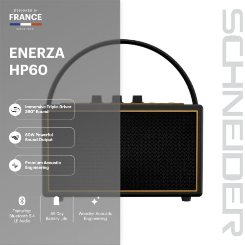 Image of Schneider ENERZA HP60 Wireless Portable Home Audio Speaker | 60W Triple-Driver 360 Sound | Wooden Acoustic Enclosure with Bluetooth 5.4 | Splashproof | Vintage Classic Design - Black