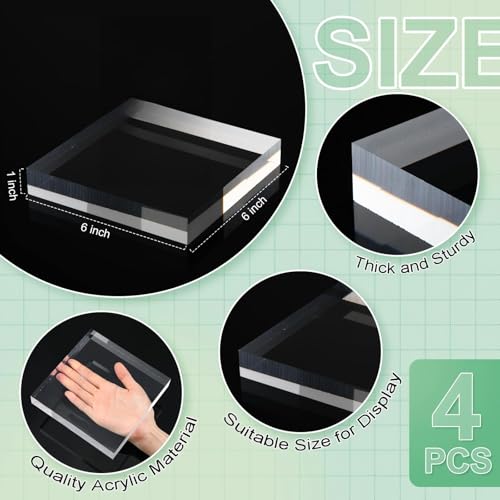 Qunclay 4 Pcs 6 x 6 x 1 Inches Acrylic Square Display Block Clear Polished Acrylic Cubes Jewelry Display Stand for Jewelry Ring Showcase Holder Base Collections