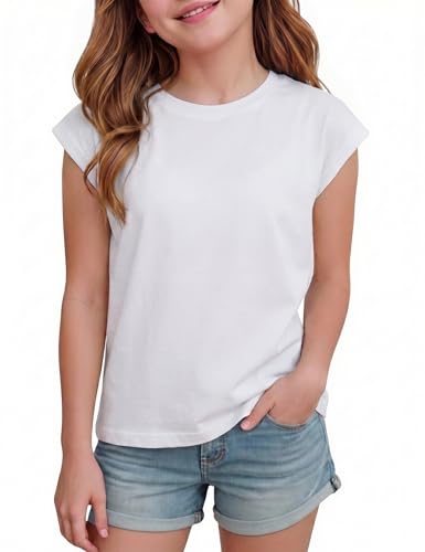 Demegimi Tee Shirt Fille Col Rond Enfant Léger Respirant École Sport Été 7-8 Ans，Blanc