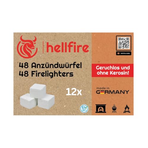 hellfire Lot de 12 cubes d'allumage - Allume-barbecue, allume-feu et allume-charbon - Accessoire de barbecue parfait pour cheminée et barbecue - 12 paquets = 576 cubes