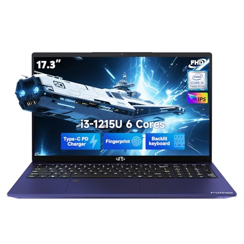 NIMO 17.3" IPS FHD-Student-Laptop, Intel 6 Core I3-1215U 16GB RAM 256GB SSD (Beat R5 7520U, Up to 4.4GHz) Computer with 65W Type C Backlit Keyboard Fingerprint Wi-Fi 6, for Home and Business