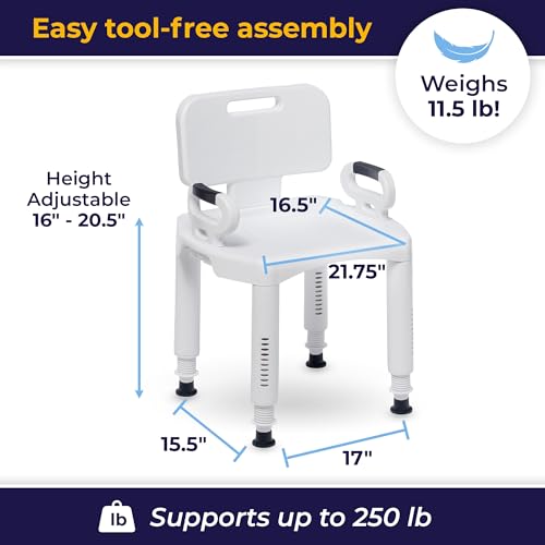 Drive Medical Bathroom Bench with Back & Arms - Adjustable Height - Suction Tip Legs for Stability - Durable Plastic Seat - 350 Lb Capacity - White by Drive Medical - Image 4