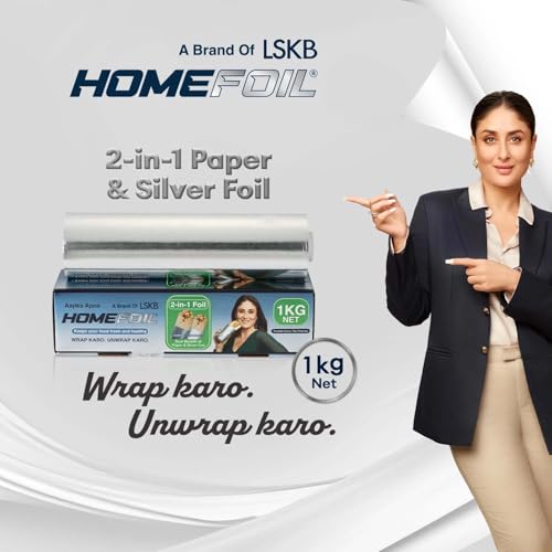 Image of HOMEFOIL 2-in-1 Paper & Silver Converted Aluminium Foil (1 KG Net) for Food Packing | Keeps Food Fresh | Ideal for Food Wrapping, Packing, Storing and Serving | 62.13 Meter Net Guaranteed Length