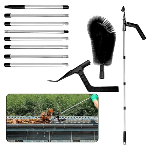 MINICIRCLES Telescopic Gutter Cleaning Tools 2-in-1 Gutter Cleaner 4-8-Section Pole with Detachable Brush and Shovel for Cleaning Leaves Debris Spider Webs from Roofs (8 Poles)