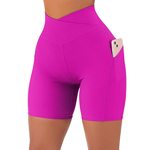 Suuksess Women Cross Waist Workout Shorts With Pockets Ribbed High Waisted Booty Biker Shorts (#1 Hot Pink, M) #TOP3