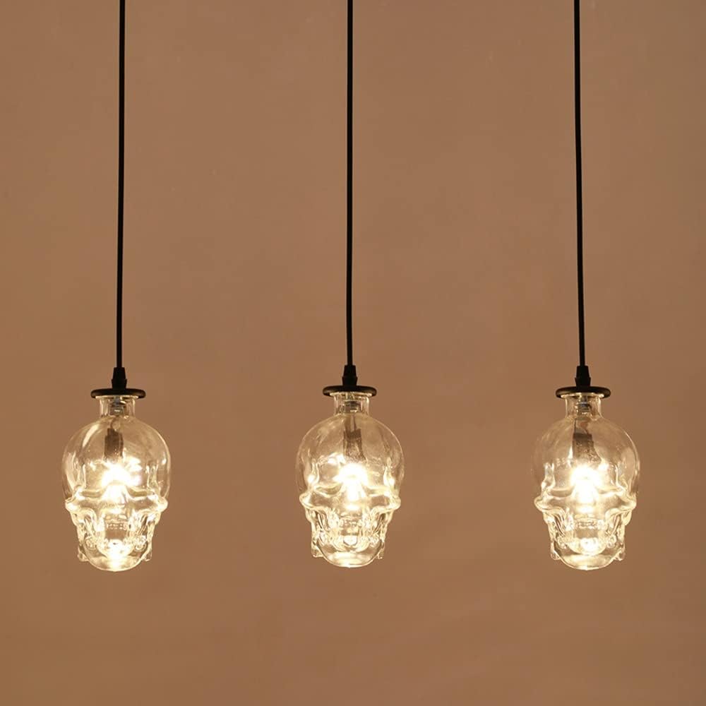 7W LED Industrial Pendant Light Fixture Glass Skull Hanging Lamp Retro Ceiling Lighting E14 Bulb Adjustable Cord Indoor for Bedroom Sore Living Room Warm White