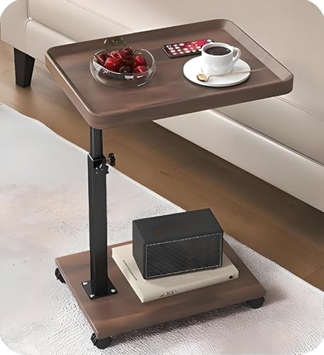 WoRefCra 昇降式 サイドテーブル キャスター付き 幅40×奥行30×高さ45-80cm ベッドサイド テーブル 木目調 C字型 簡易テーブル 小型 省スペース 移動便利 ウォールナットカラー