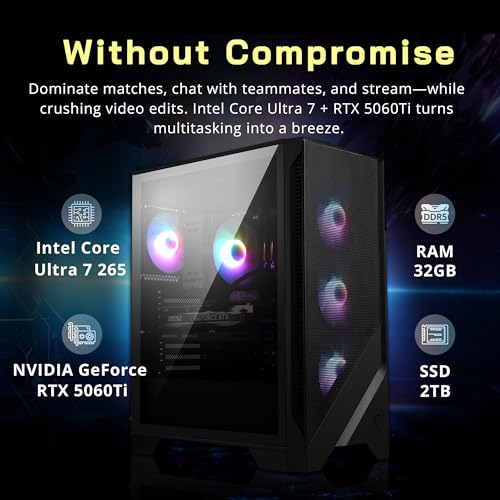 Image of msi Codex R2 AI Gaming Desktop, Intel Core Ultra 7 265, NVIDIA GeForce RTX 5060 Ti 8GB GDDR7, 32GB DDR5, 2TB SSD, Air Cooling, Wi-Fi 6E, Keyboard & Mouse, Windows 11, Black, 1TB Docking Station Set