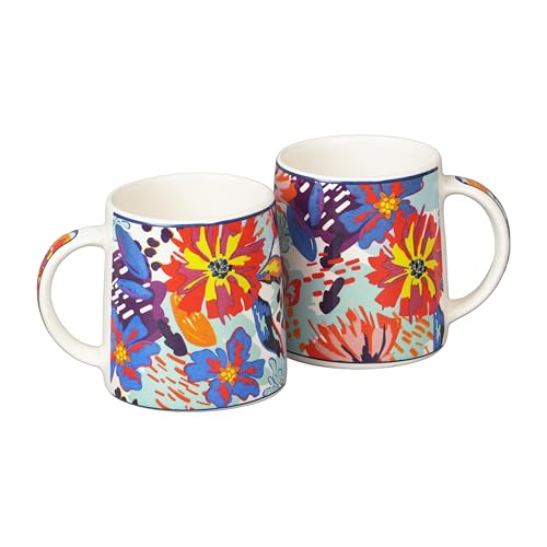 Image of Miah KaleidoBloom Ceramic Cup Set - Set of 2 | 10.16 cm x 6.85 cm x 8.89 cm | Handcrafted Coffee & Tea Mugs | Microwave & Dishwasher Safe | Vibrant Abstract Floral Design