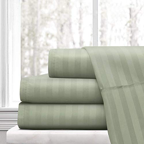 Heavy 1500-Tc 100% Pima Cotton 6-Pcs Sheet Set ( 1 Fitted, 1 Flat, 4 Pillowcase ) Fits Mattress 18-21'' Deep Pocket ( King Size ) Premium Italian Finish Bed Sheets For Bed ( Stripe, Sage Green ) #TOP1