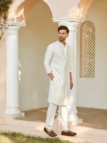 Image of See Designs Men Full Sleeve Chanderi Silk Sequins Mandarin Collar Side Slit Kurta