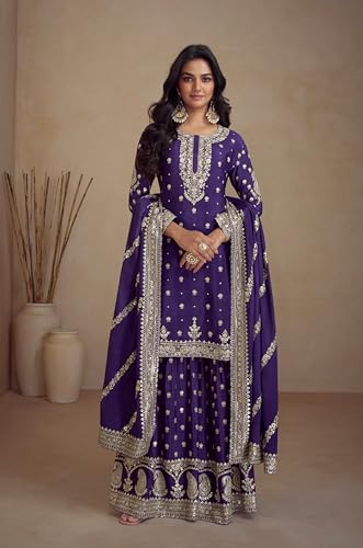 Image of Miss Ethnik Women's Pink Chinon Stitched Top With Stitched Chinon Bottom and Chinon Dupatta Full Sleeve Embroidered Straight Top (ME-1194)