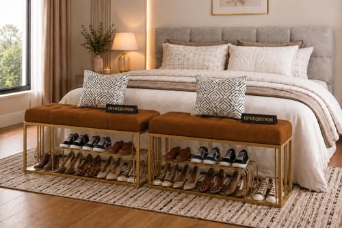 Image of Entryway Shoe Rack with Cushioned Seat, Shoe Bench for Entry, 2 Shelves Storage Bed Bench Brown