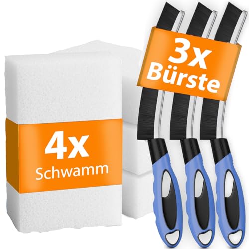 Fugenbürste inkl. gratis Schmutzradierer – 3X Reinigungsbürste + 4X Melamin Schwamm – Fugenbürste Bad & Küche, Fugenreiniger für Fliesenfugen & Dusche – Putzbürsten Reinigungsschwämme
