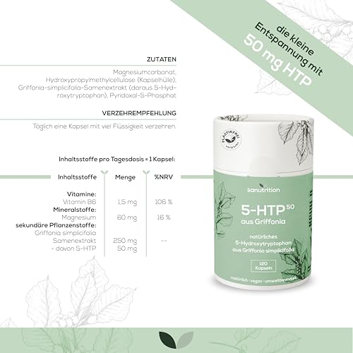 5-HTP 50 | 120 vegane Kapseln | natürlicher Griffonia Extrakt (20% 5-Hydroxytryptophan) | Mit Magnesium und Vitamin B6 | nachhaltige Papierdose