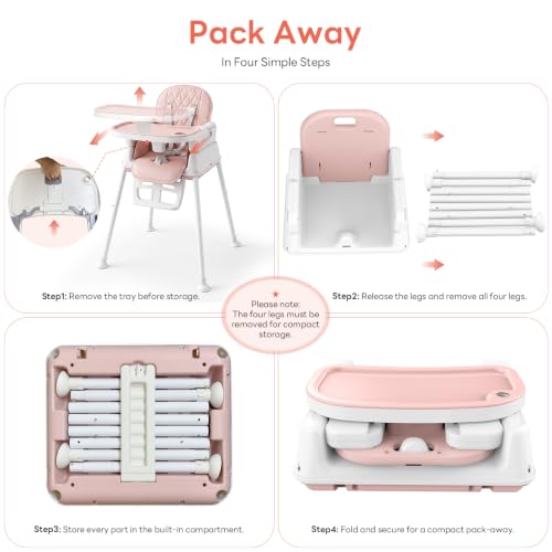 High Chair for Babies and Toddlers, 3-in-1 Convertible Baby High Chair, Built-in Leg Storage, Compact Pack-Away Design, Baby Eating Feeding Chair, Silla De Comer para Bebe, Pink — view 4