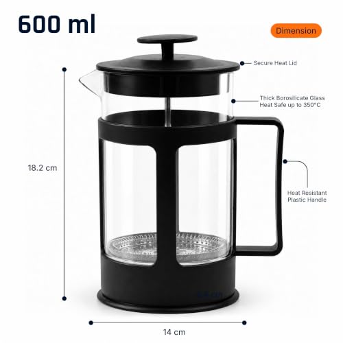 Image of French Press Coffee Maker, 600 ml | Heat-Resistant Borosilicate Glass Carafe, 4-Level Stainless Steel Filtration & Spill-Free Spout for Rich Coffee, Tea and Cold Brew | Brews rich, full-bodied coffee in minutes with a 4-level stainless-steel filter and smooth, mess-free pouring.