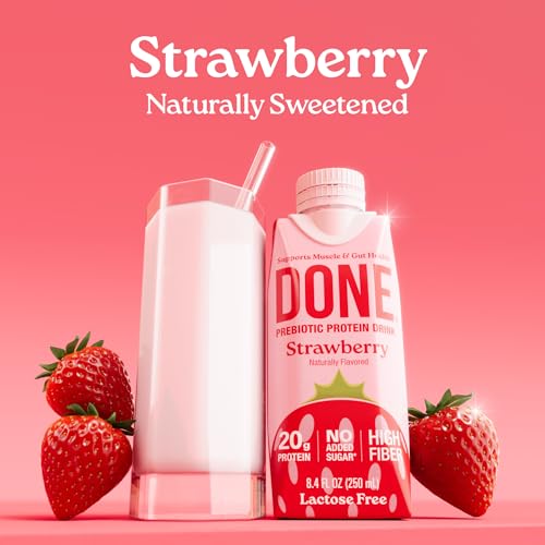 Image of Done Prebiotic Protein Shake, Strawberry, 20g Protein, 8.4oz, 8 Pack | 20g Whey Protein, High Fiber, Prebiotic, Lactose & Gluten Free, No Added Sugar, Ready-to-Drink Shake, 8-Pack