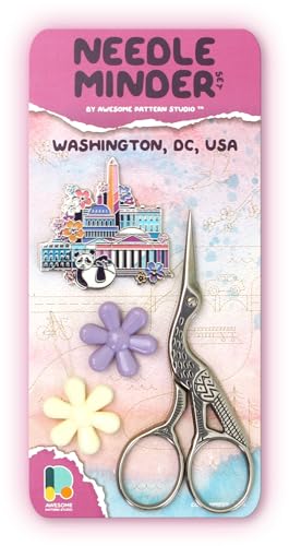 Image of Awesome Pattern Studio Needle Minder Set - Washington Magnetic Needle Minder + 2 Needle Threaders + Crane Scissors. Enamel Pin for Cross Stitch, Embroidery and Craft