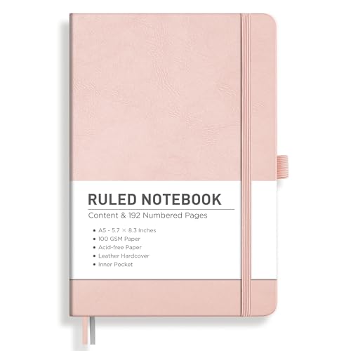 Image of RETTACY Lined Journal Notebook, 192 Numbered Pages, A5 Size (5.7'' x 8.3'') | Leather Hardcover, 100 GSM Thick Paper, for Men & Women, Journaling, Writing, Work & Office (Rose gold)