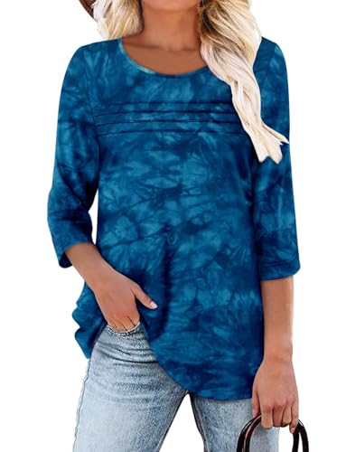 KISSMODA Women's Casual 3/4 Sleeve T-Shirts Round Neck Cute Tunic Tops Basic/Pleated Summer Tops Trendy Spring Blouses