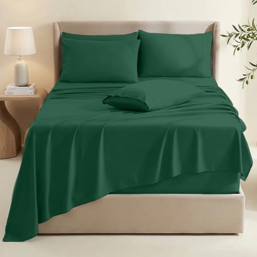 Image of Hearth & Harbor Bed Sheets, Luxury Soft 6 Piece Bed Sheet Set Extra Deep Pocket Fitted Sheets Fits Mattress up to 21 inch, Double Brushed Bedding Sheets & Pillowcases, Split King, Dark Green
