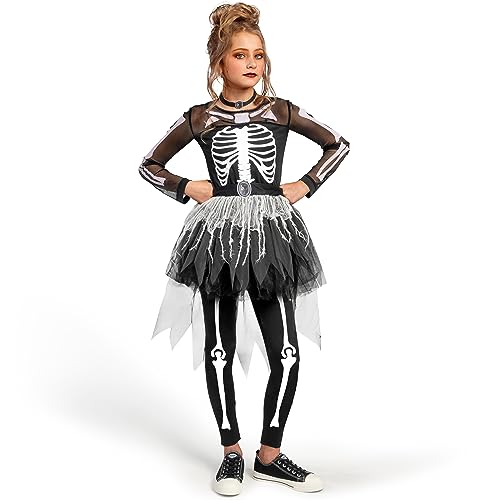 Spooktacular Creations Disfraz de esqueleto de niñas, Skeletly Skeleton Tutu Vestido para niñas Halloween Dress Up, Role Play, Costplay Party-M