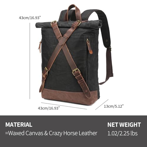 Waxed Canvas Roll-top Backpack for Men,X-Shaped Belt Vintage Rucksack, Large Daypack Casual Hiking Travel Backpack (Black)4