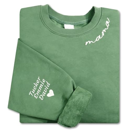 Custom Embroidered 380GSM Mama Sweatshirts with Kids Name on Sleeve for Women, Personalized Gifts for Mom, Customized Crew Neck Sweater, For Mother, Grandma, Auntie - Main Image