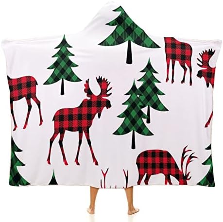 Buffalo Plaid Woodland Deer Checkered Wearable Hooded Blanket Soft Warm Throw Blanket Robe Cloak Wrap For Bed Sofa Bedding 60"x80"
